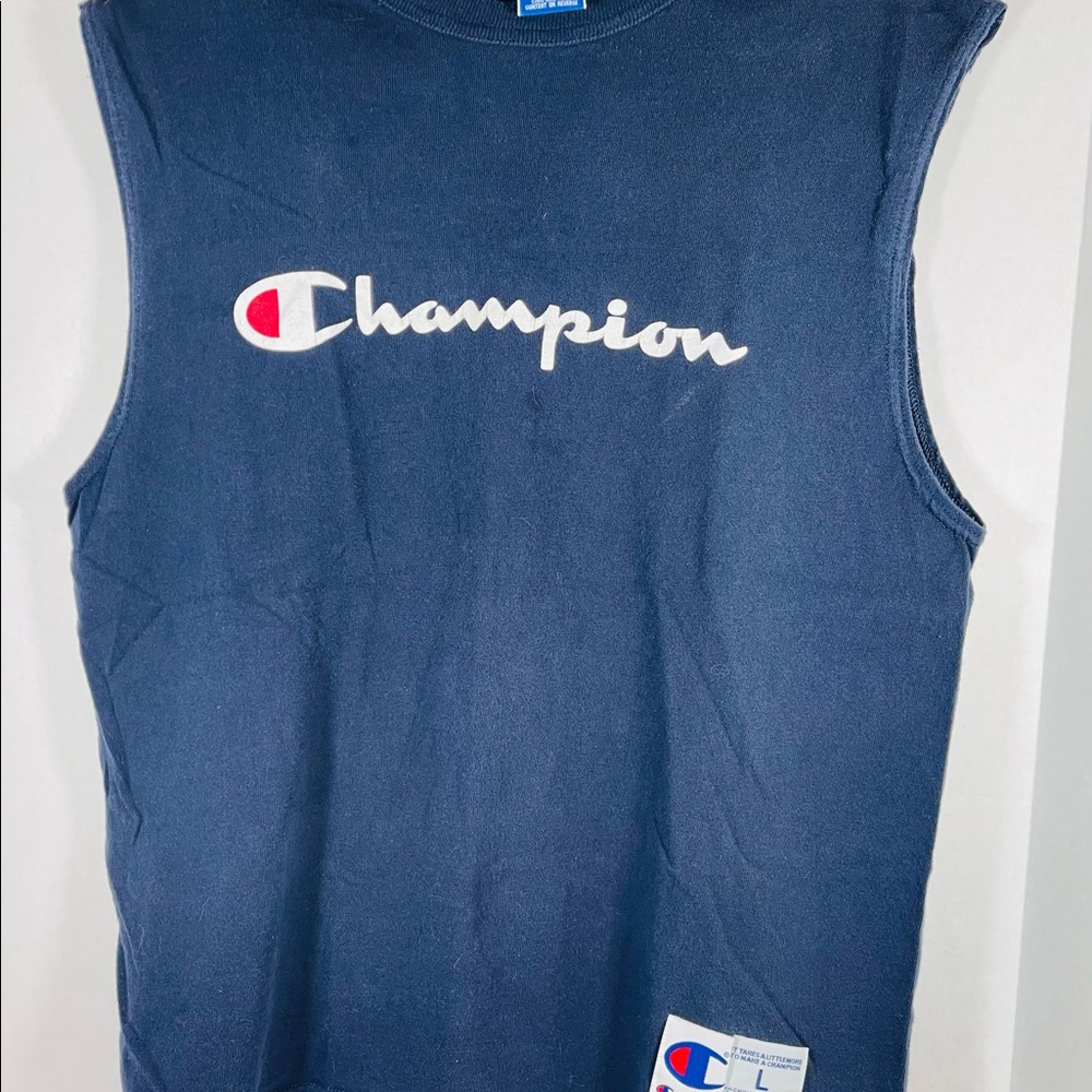 Champion Navy LG Large Big Script Sleeveless Shirt Tank Top Made in USA 28 X 19